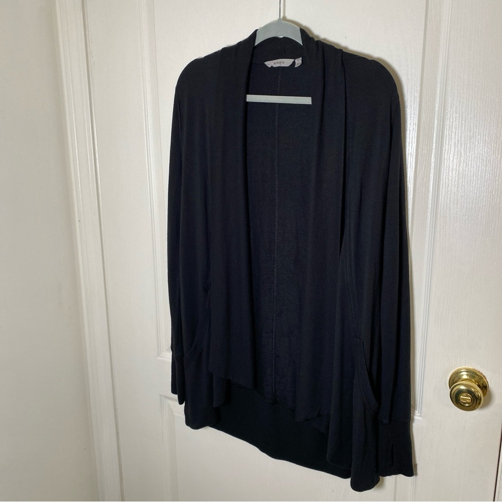 ATHLETA Open Front Cardigan Women’s S Black Modal Spandex Thumb Holes Pockets